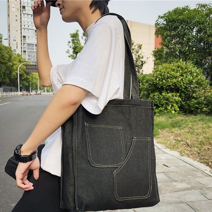 トートバックメンズ シンプルデニムポケットトートバッグ