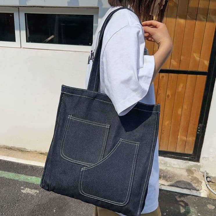トートバックメンズ シンプルデニムポケットトートバッグ
