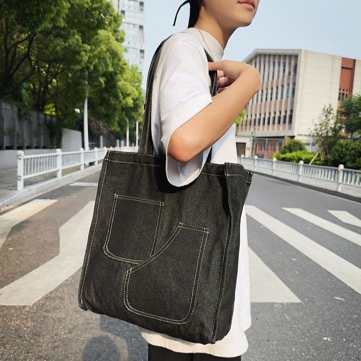 トートバックメンズ シンプルデニムポケットトートバッグ